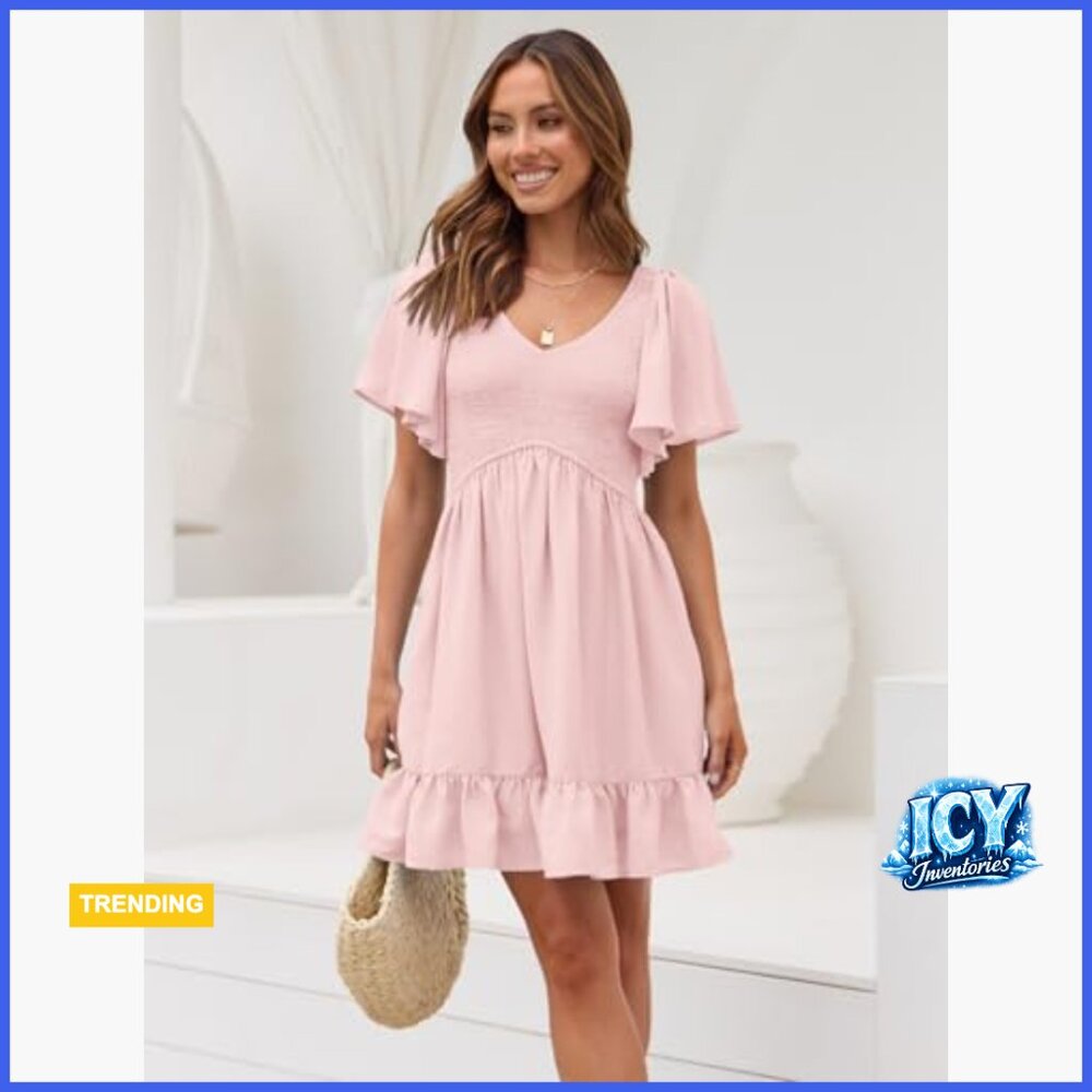 Flowy Casual Mini Dress with Pockets Smocked V Neck - Picture 2 of 6